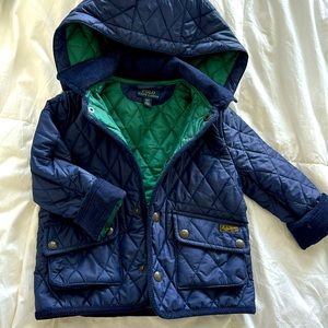 Ralph Lauren Navy Quilted Coat with Corduroy Detail and Removable Hood 2T